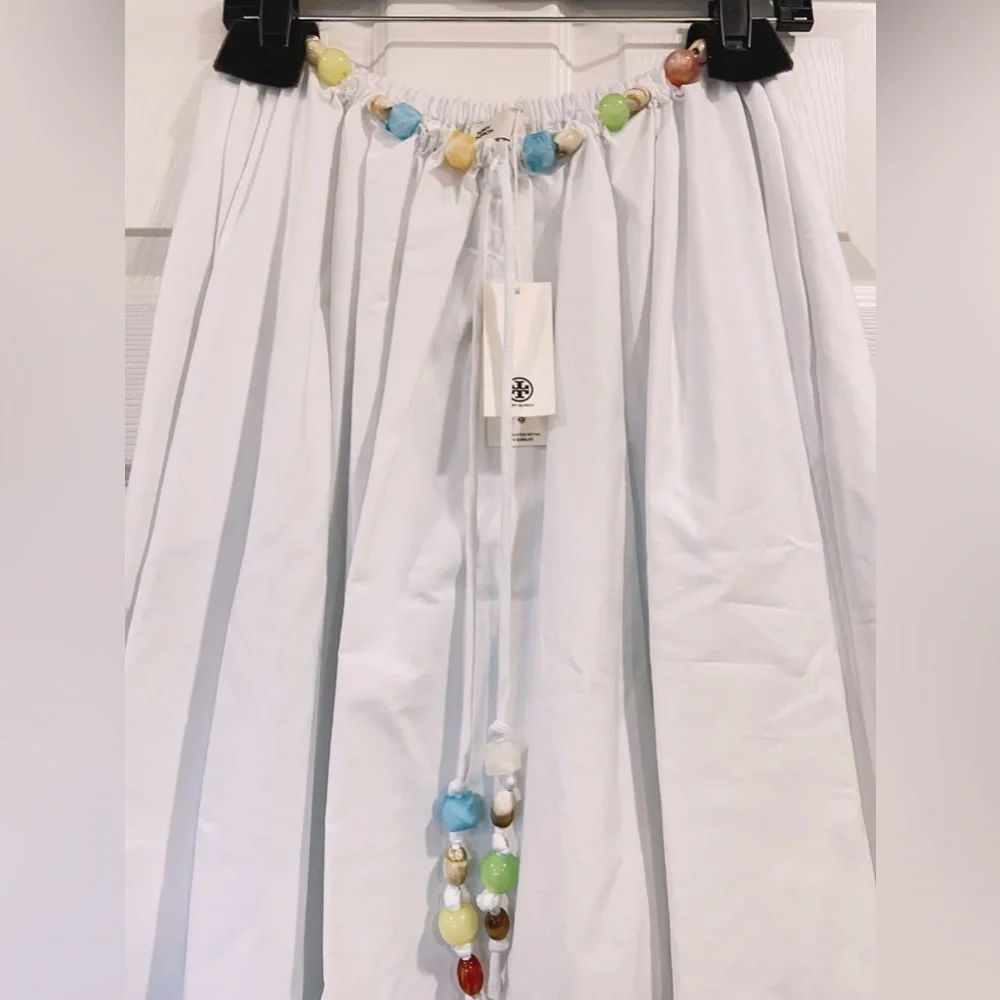 NWT $398 Tory Burch Beaded Cotton Poplin Skirt In White